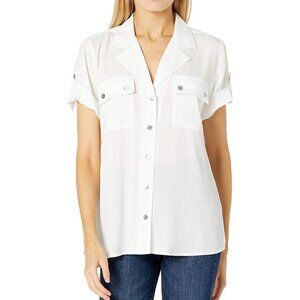 NWT KARL LAGERFELD ladies Camp Shirt, front pocket, button up, White, Size S